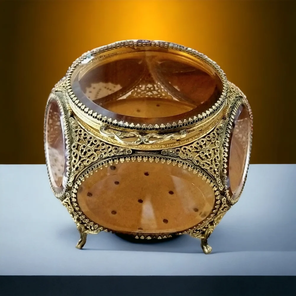 Vintage French Brass Filigree Amber Beveled Glass Ormulu Jewelry Box Casket